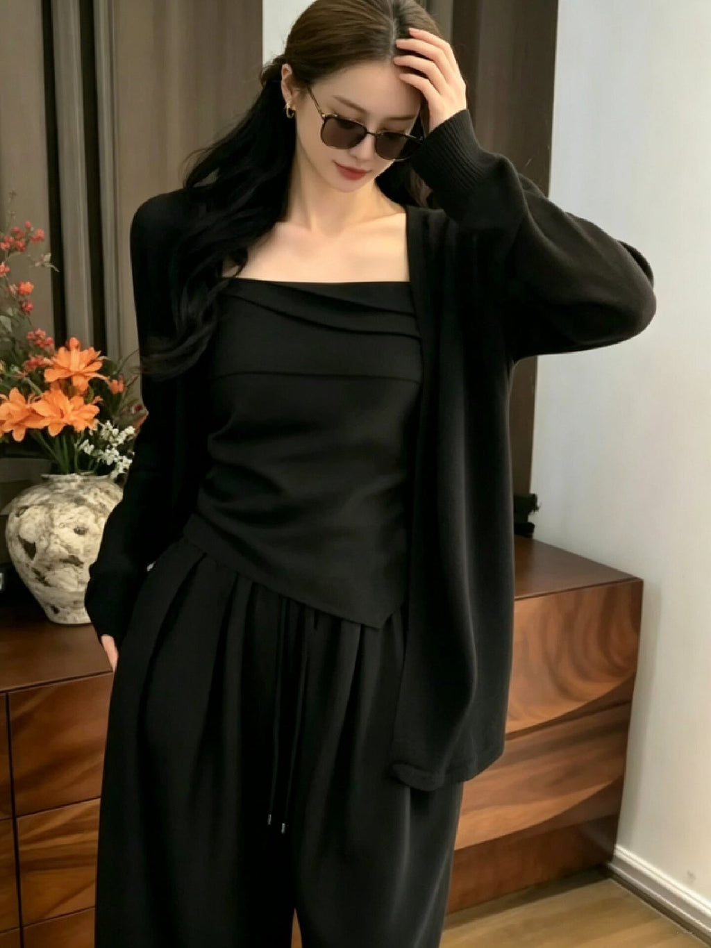 Minimalist 3-Piece Knit Set – Effortless Off-Shoulder Tube Top, Oversized Cardigan & Flowy Wide-Leg Pants