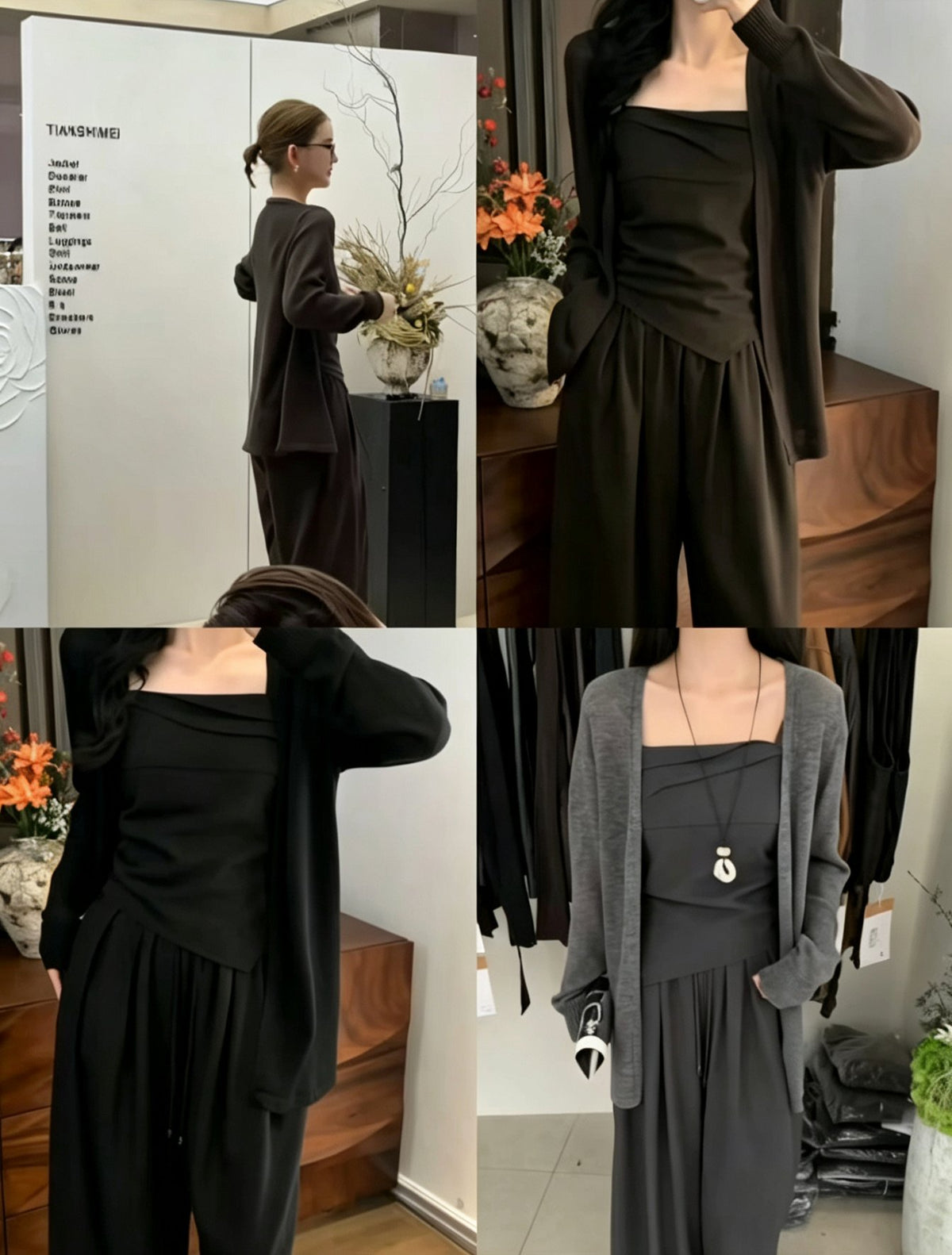 Minimalist 3-Piece Knit Set – Effortless Off-Shoulder Tube Top, Oversized Cardigan & Flowy Wide-Leg Pants