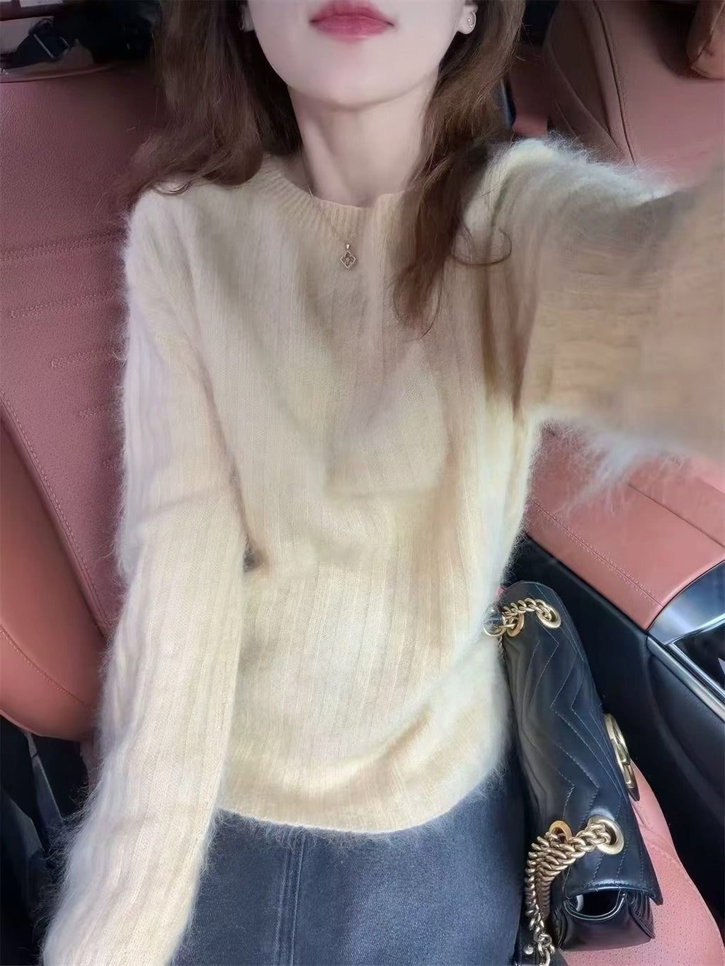 Women's Wool Cashmere Silk Blend Crew Neck Sweater – Soft Ribbed Knit Pullover for Winter, No Itch, 6 Colors