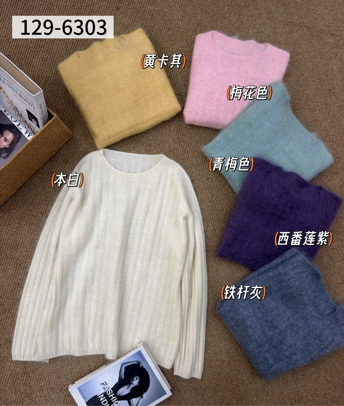 Women's Wool Cashmere Silk Blend Crew Neck Sweater – Soft Ribbed Knit Pullover for Winter, No Itch, 6 Colors