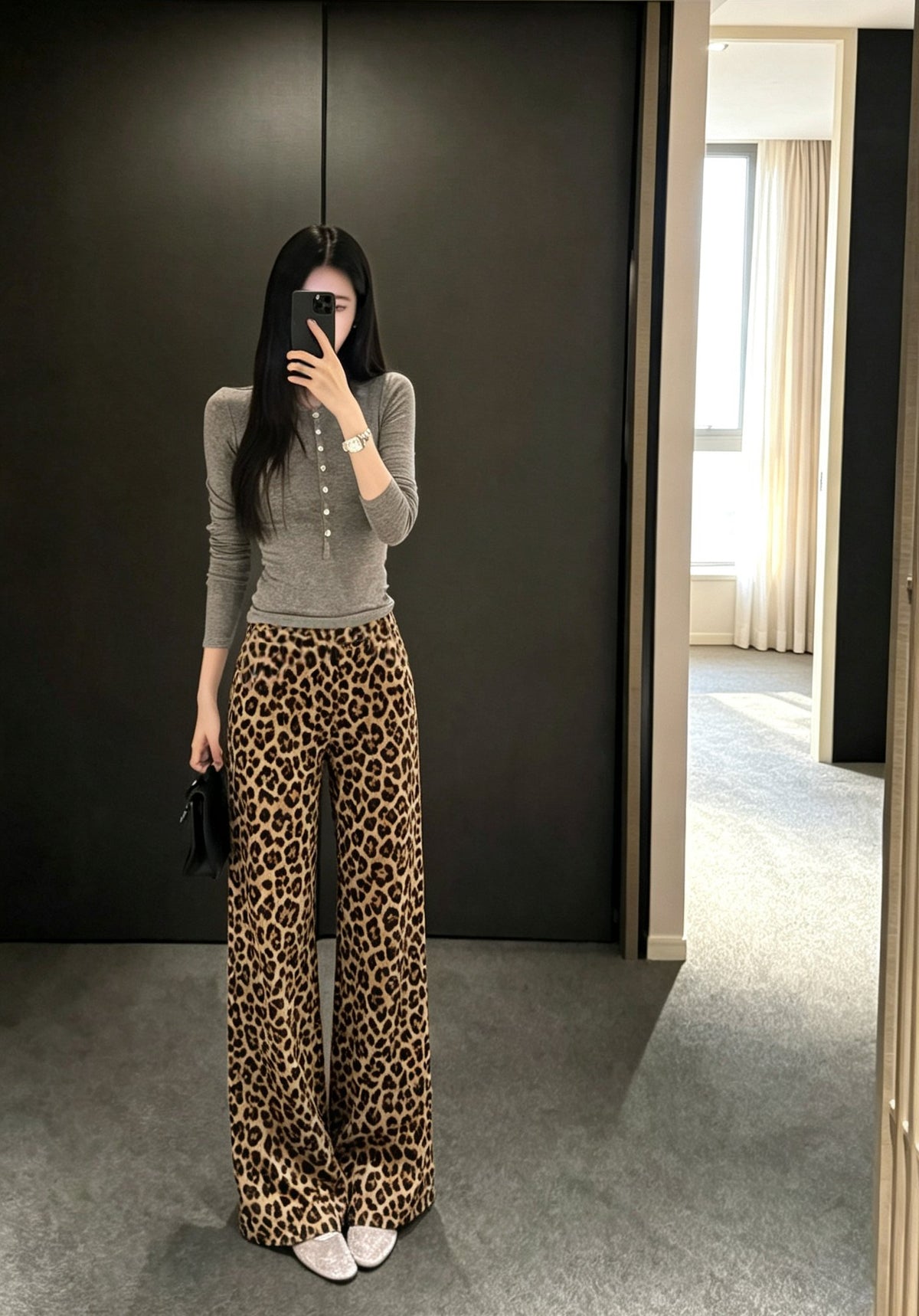 Women's Muted Leopard Print Wide Leg Pants – High Waisted Stretch Trousers, Floor-Length Y2K Street Style, 90s Retro Animal Print