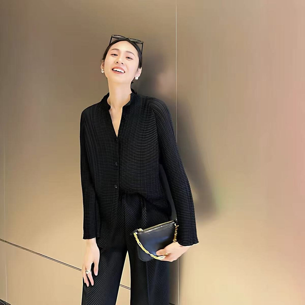 Women's Signature Pleated Jacket – Sculptural Button-Front Collarless Blazer, Lightweight Wrinkle-Free Layering Piece, 4 Colors