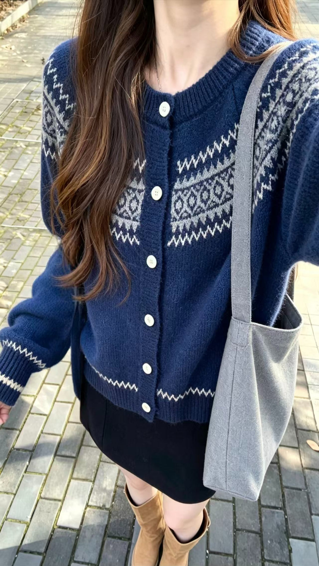 Fair Isle Yoke Cardigan Women – Crew Neck Knit Button-Up Sweater, Soft Vintage Fall Outerwear