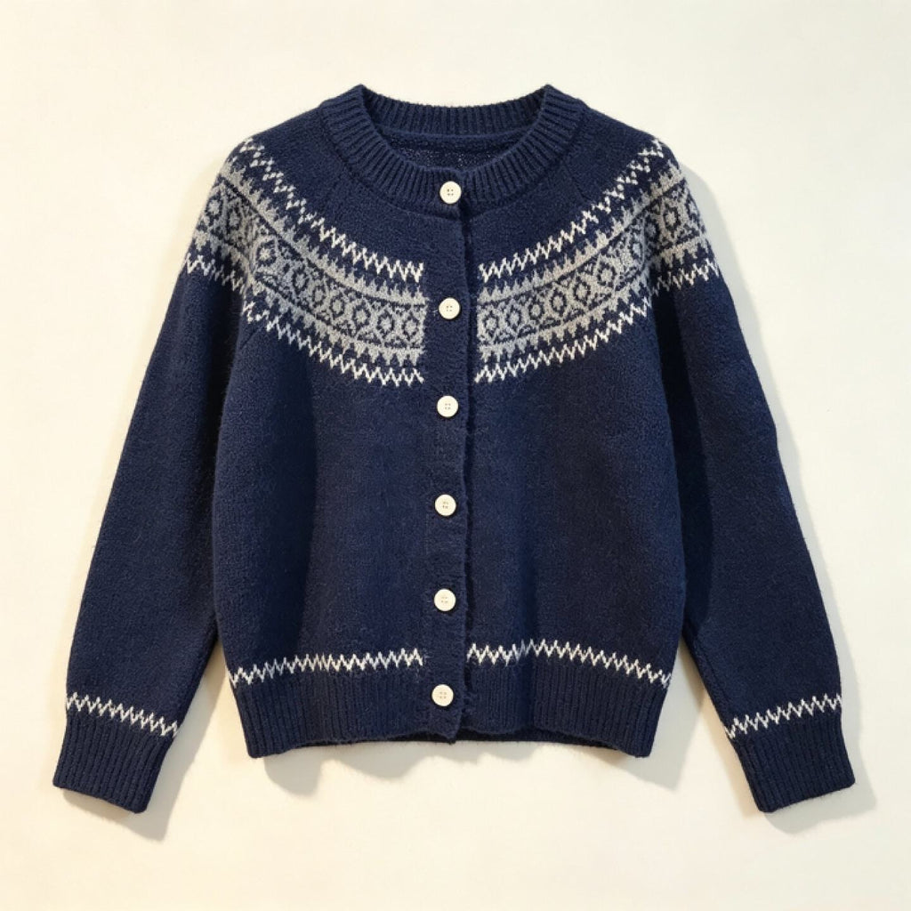Fair Isle Yoke Cardigan Women – Crew Neck Knit Button-Up Sweater, Soft Vintage Fall Outerwear