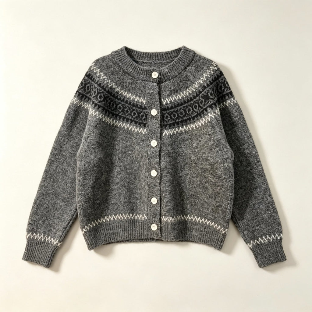 Fair Isle Yoke Cardigan Women – Crew Neck Knit Button-Up Sweater, Soft Vintage Fall Outerwear