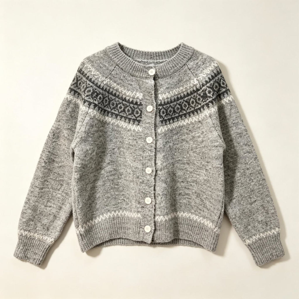 Fair Isle Yoke Cardigan Women – Crew Neck Knit Button-Up Sweater, Soft Vintage Fall Outerwear