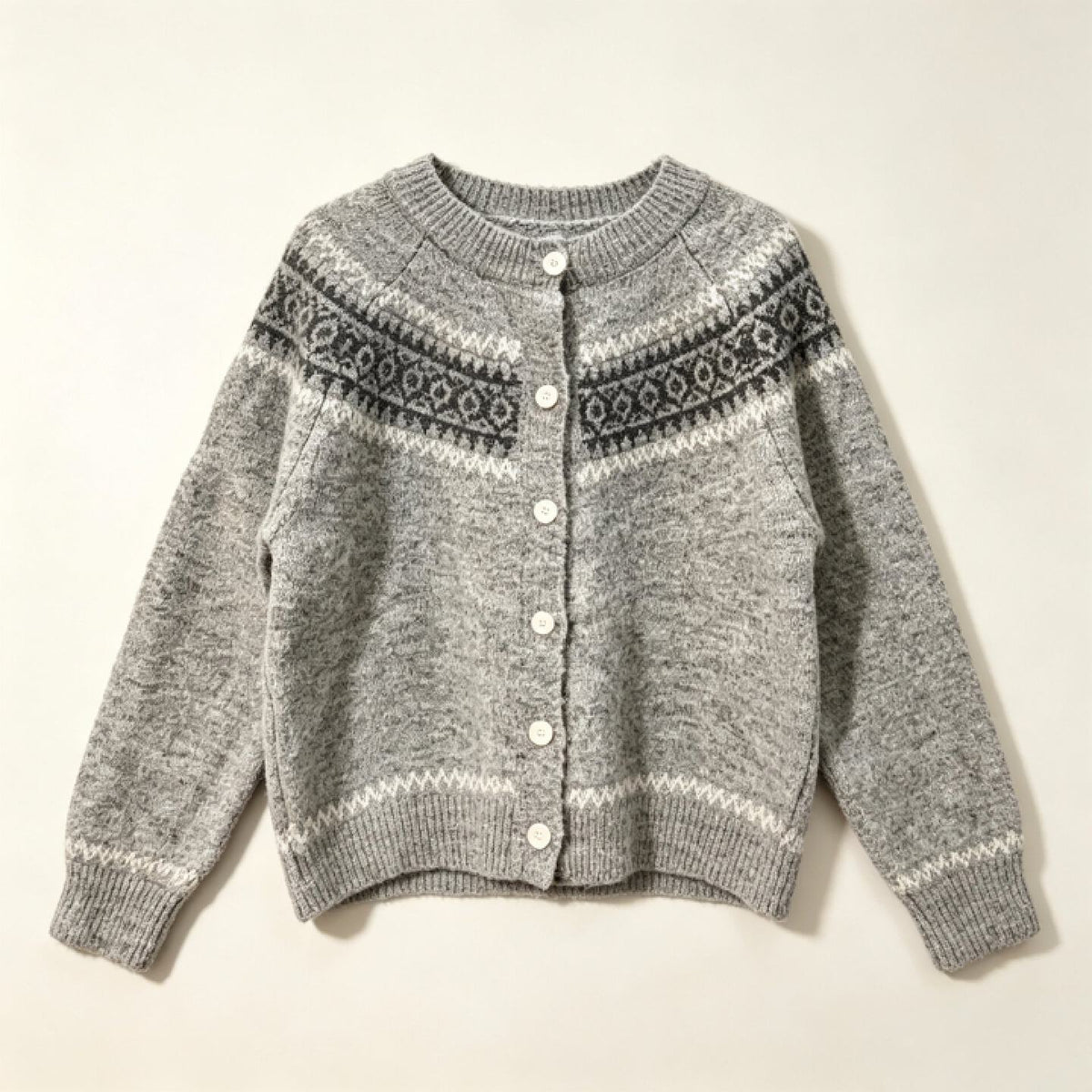 Fair Isle Yoke Cardigan Women – Crew Neck Knit Button-Up Sweater, Soft Vintage Fall Outerwear
