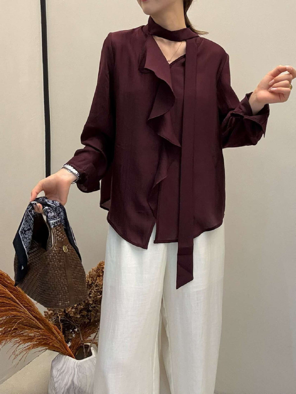 Burgundy Silk Blend Blouse Women – Ruffle Front Tie Neck Shirt, Elegant Tencel Office Top