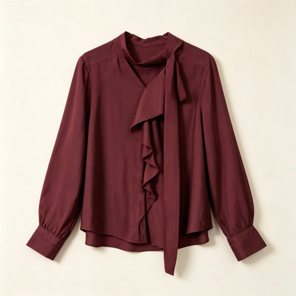 Burgundy Silk Blend Blouse Women – Ruffle Front Tie Neck Shirt, Elegant Tencel Office Top
