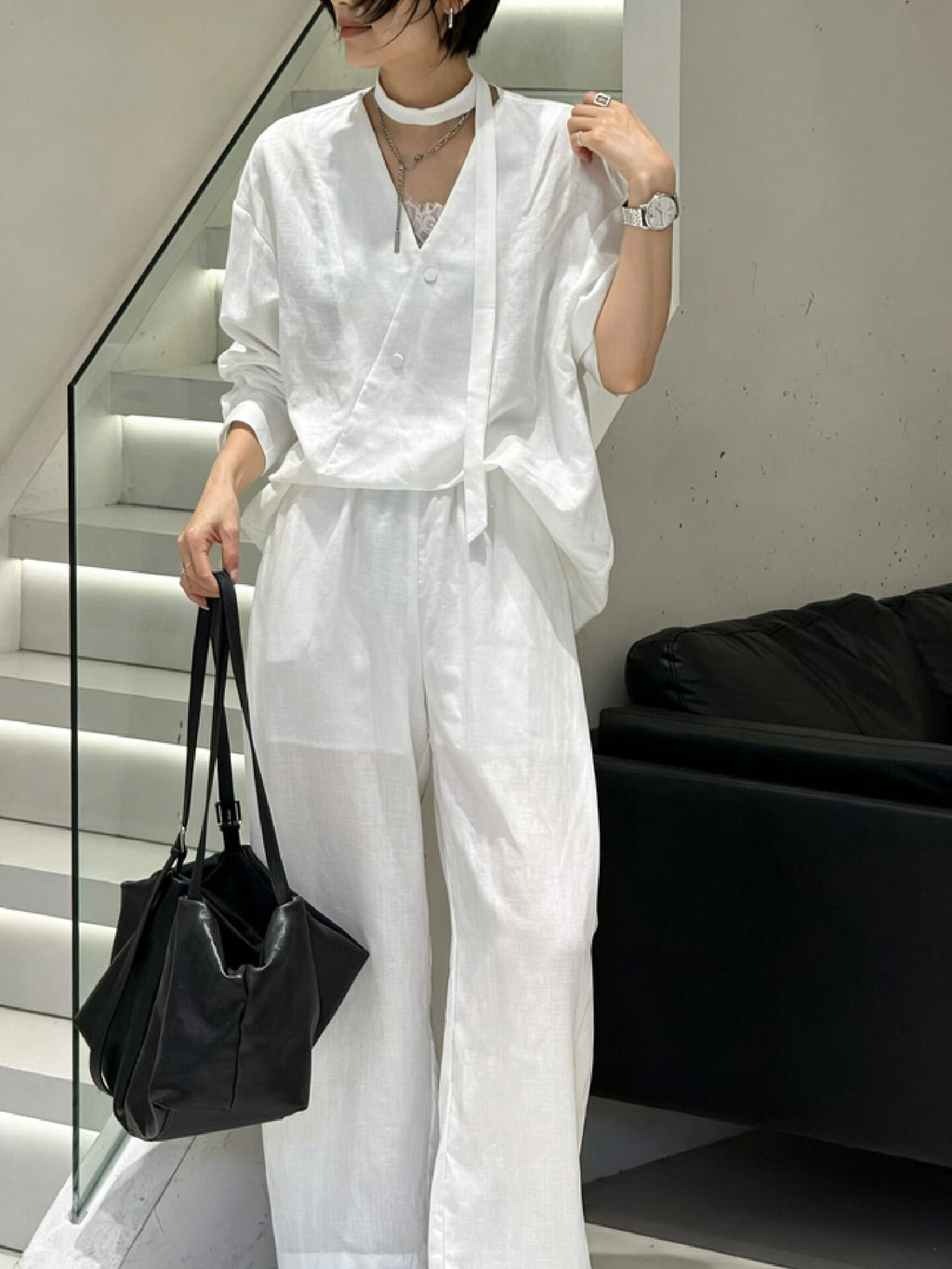 "Linen Two Piece Set Women – V Neck Tie Shirt + Wide Leg Pants, Casual Summer Outfit"