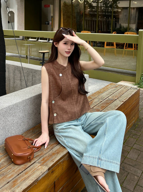 Asymmetric Tweed Vest Women – Cropped Button-Down Sleeveless Top, Brown / Grey Blue