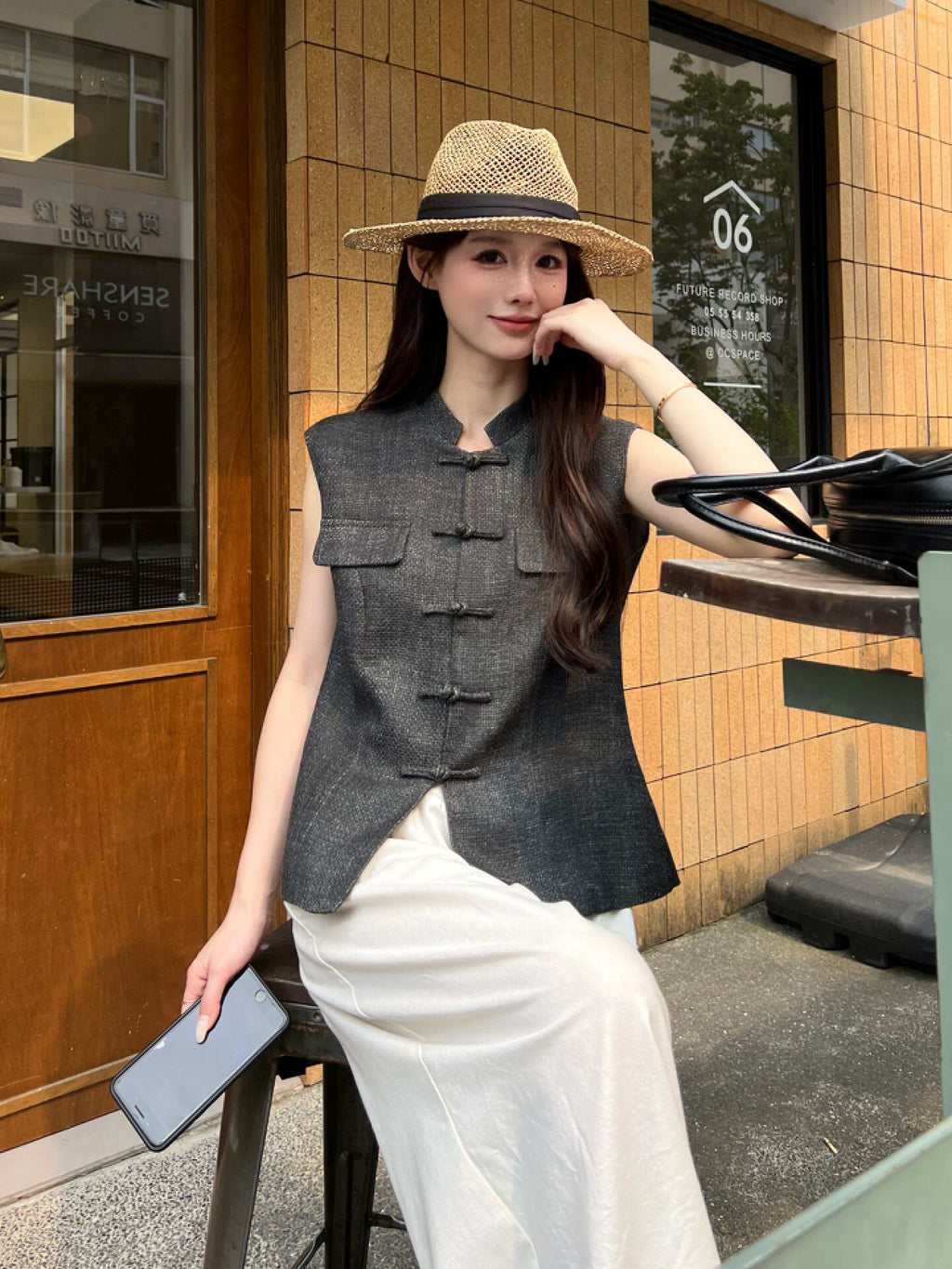 Chinese Mandarin Collar Vest Women – Frog Button Tweed Sleeveless Jacket, Dark Grey / Blue