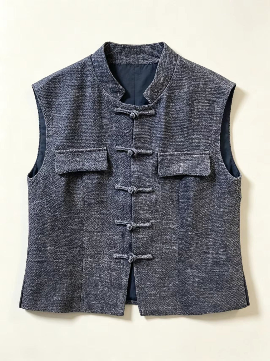 Chinese Mandarin Collar Vest Women – Frog Button Tweed Sleeveless Jacket, Dark Grey / Blue