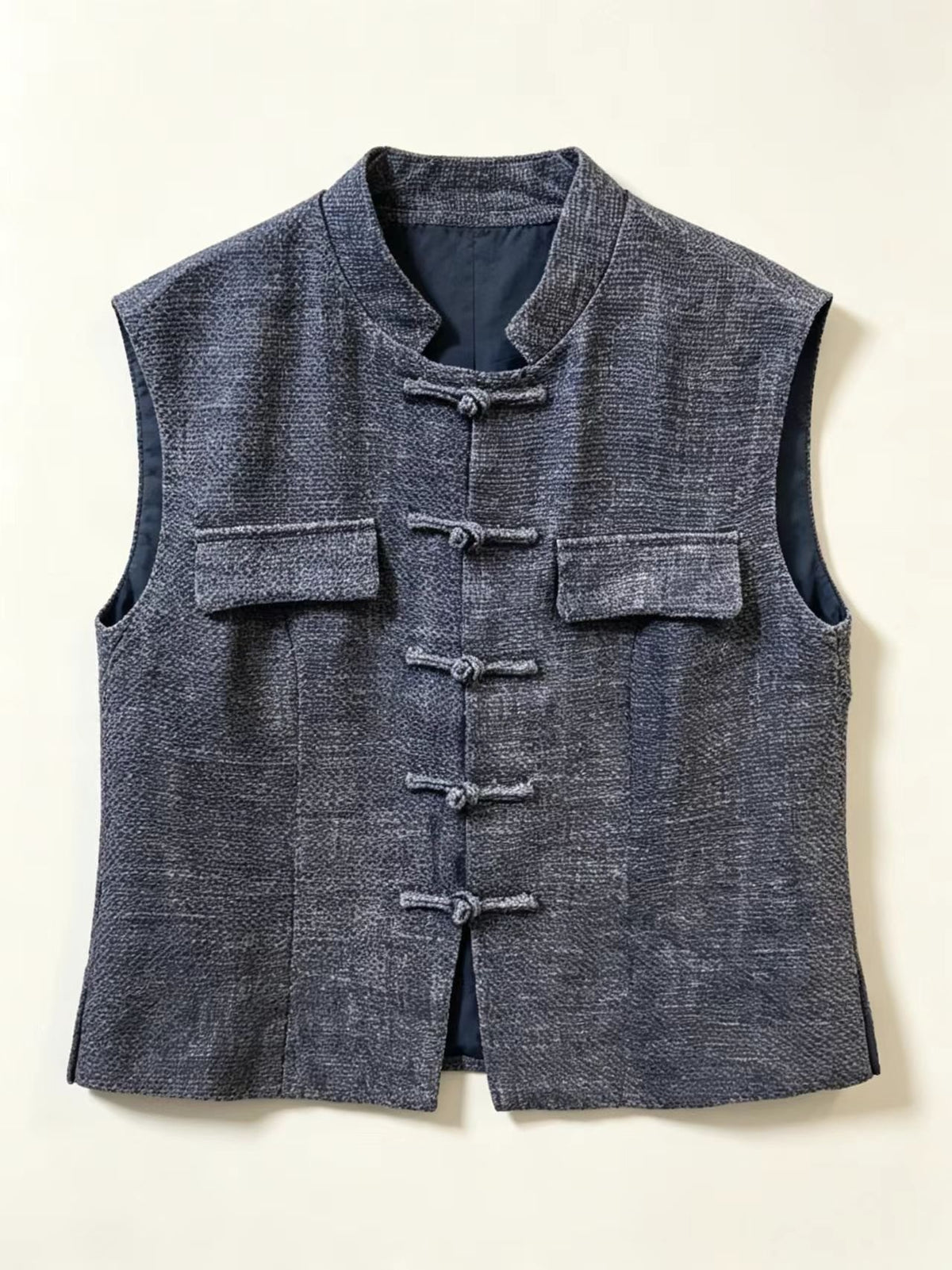 Chinese Mandarin Collar Vest Women – Frog Button Tweed Sleeveless Jacket, Dark Grey / Blue