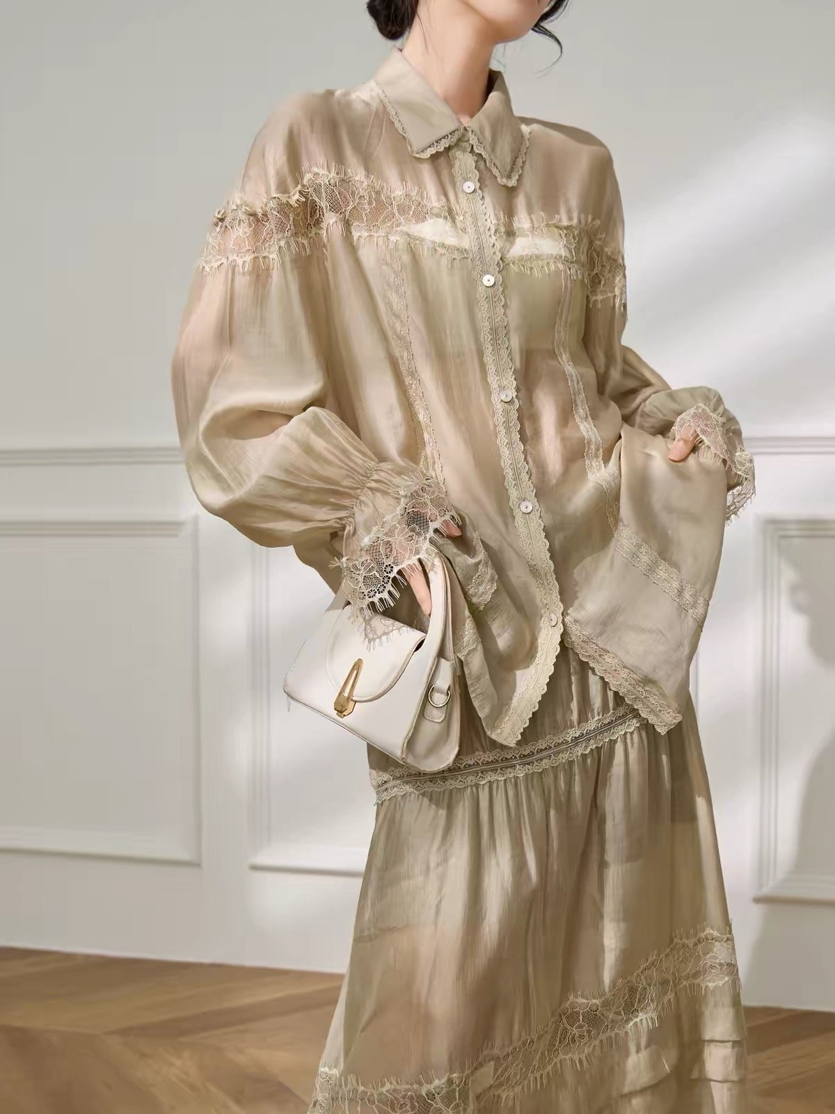 Lace Trim Tencel Linen Two Piece Set Women – Collared Shirt + Tiered Maxi Skirt