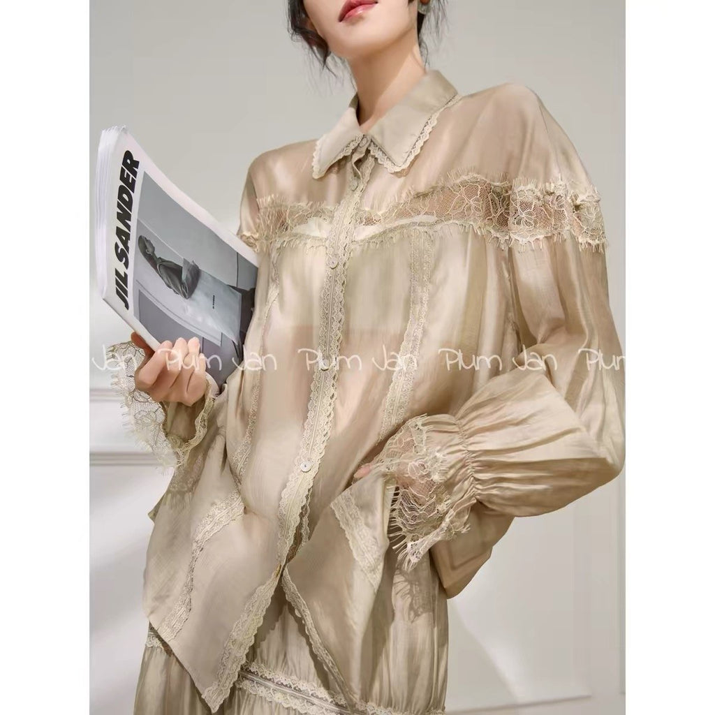 Lace Trim Tencel Linen Two Piece Set Women – Collared Shirt + Tiered Maxi Skirt