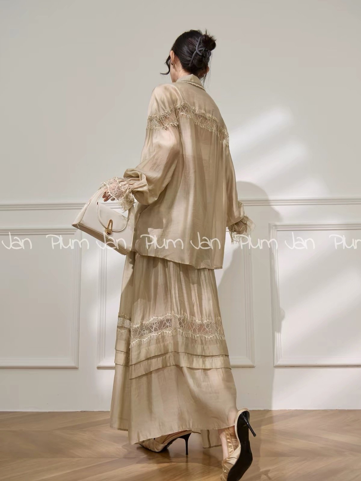 Lace Trim Tencel Linen Two Piece Set Women – Collared Shirt + Tiered Maxi Skirt