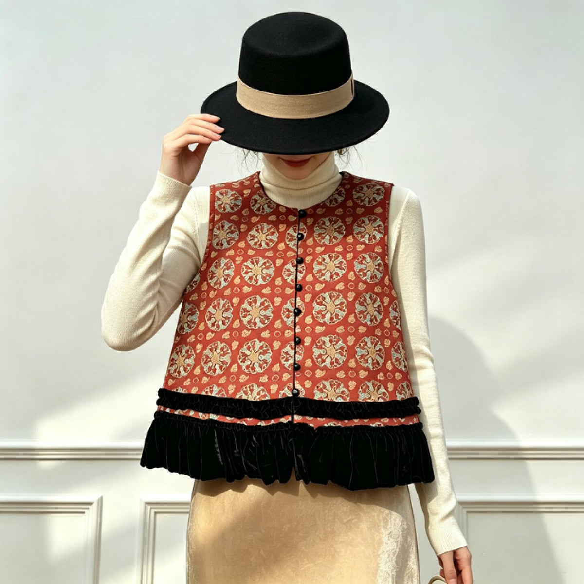 Vintage Medallion Brocade Vest Women – Cropped Sleeveless Top with Velvet Ruffle Hem