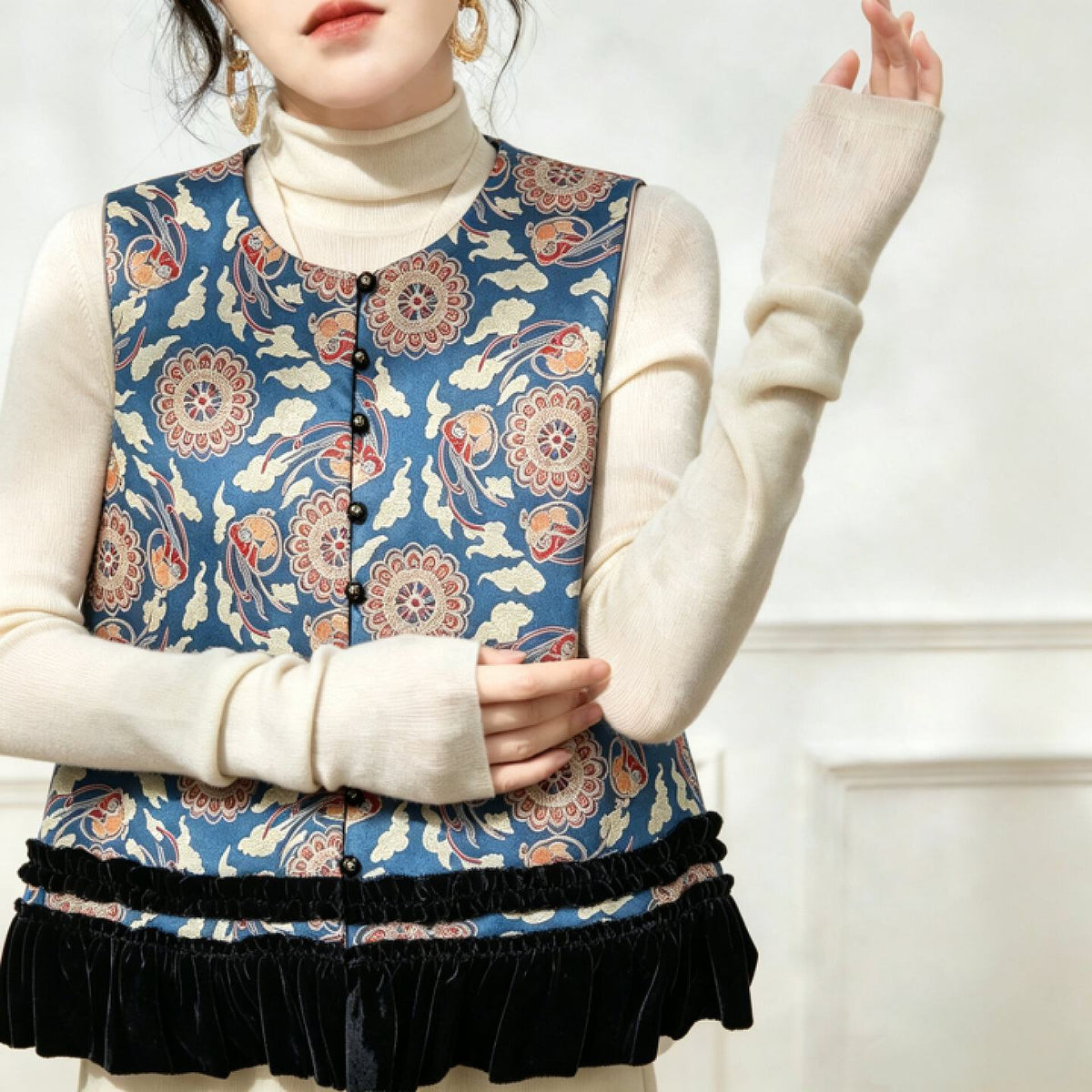 Vintage Medallion Brocade Vest Women – Cropped Sleeveless Top with Velvet Ruffle Hem