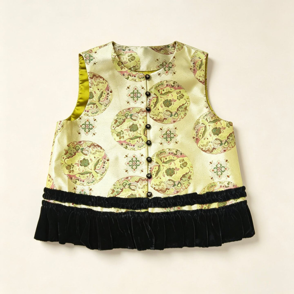 Vintage Medallion Brocade Vest Women – Cropped Sleeveless Top with Velvet Ruffle Hem