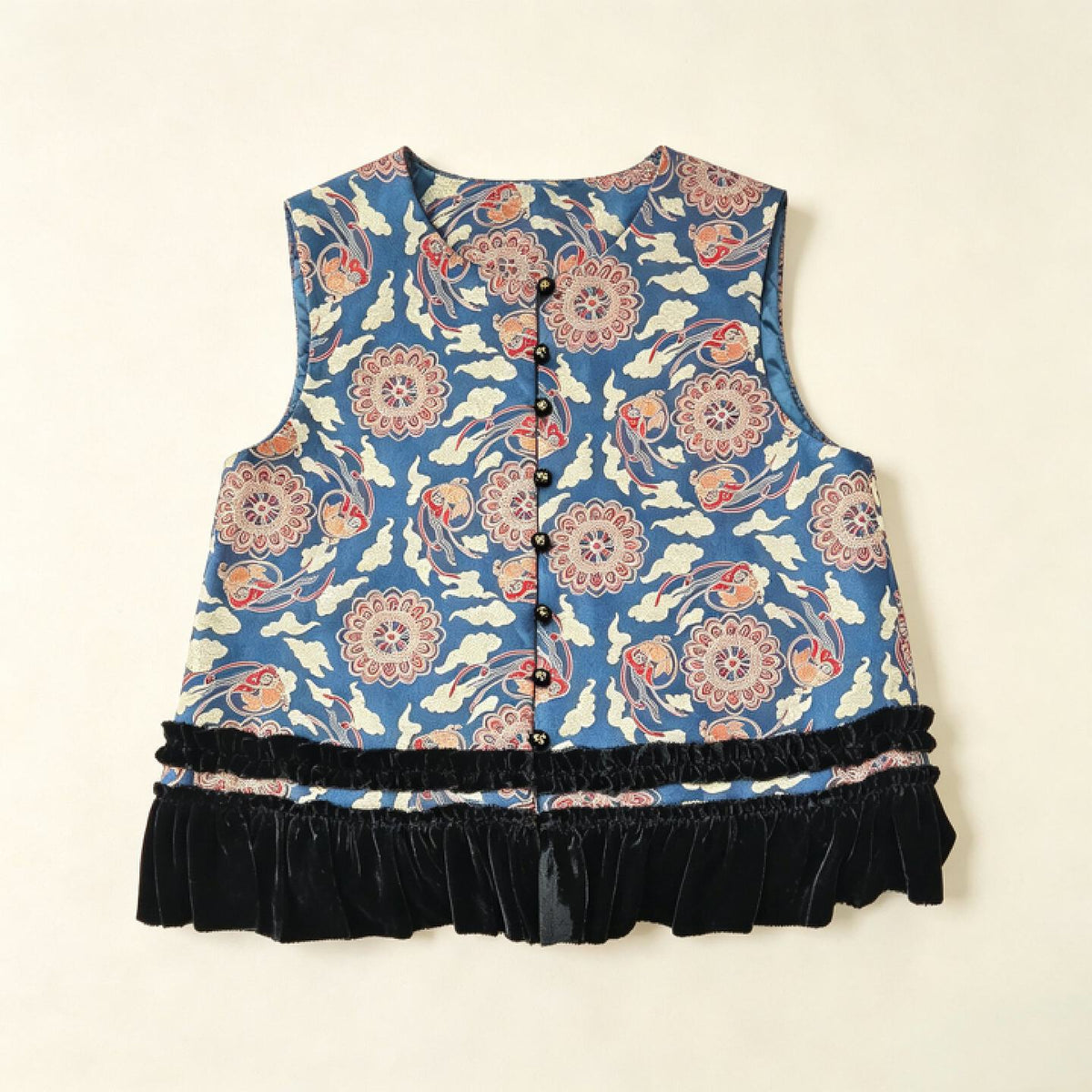 Vintage Medallion Brocade Vest Women – Cropped Sleeveless Top with Velvet Ruffle Hem