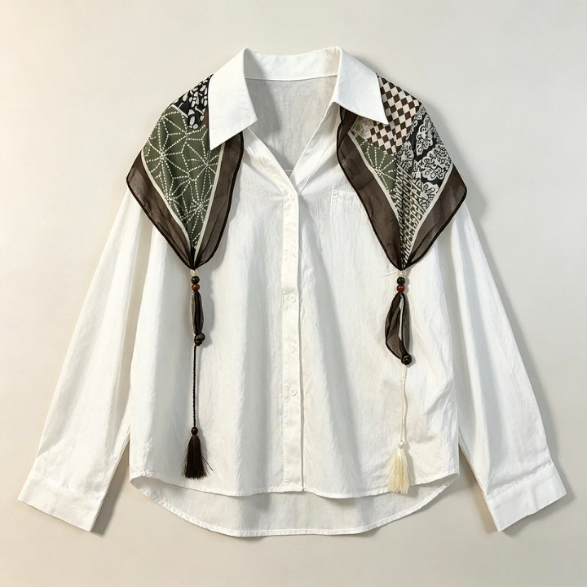 Olive Green Oversized Shirt Women – Button Down Top with Printed Scarf, Casual