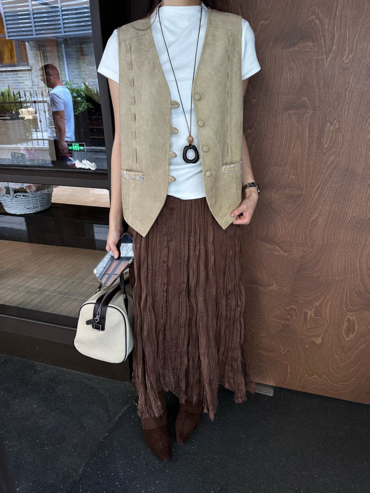 Faux Suede Vest Women – Longline V-Neck Sleeveless Top, Beige Khaki