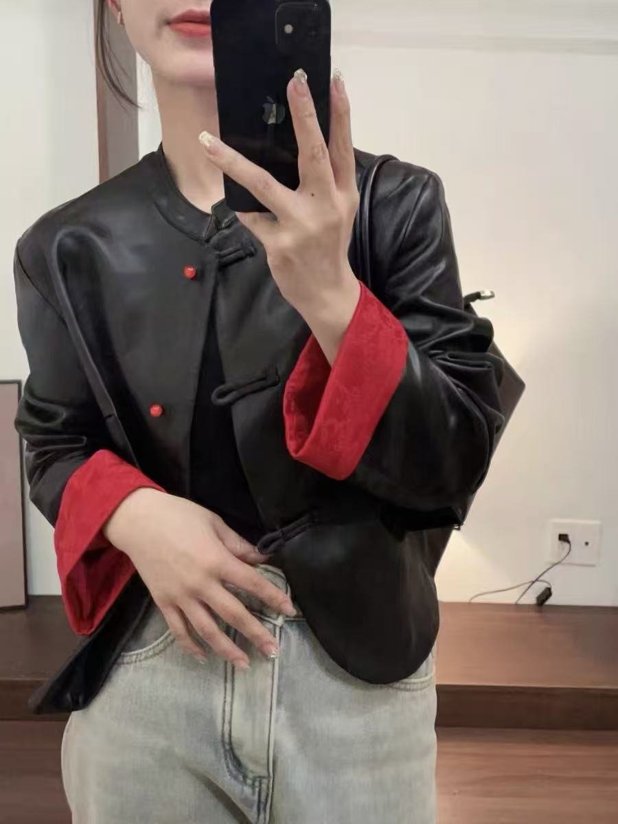Chinese Leather Jacket Women – Black PU Cropped Coat with Pink Frog Buttons