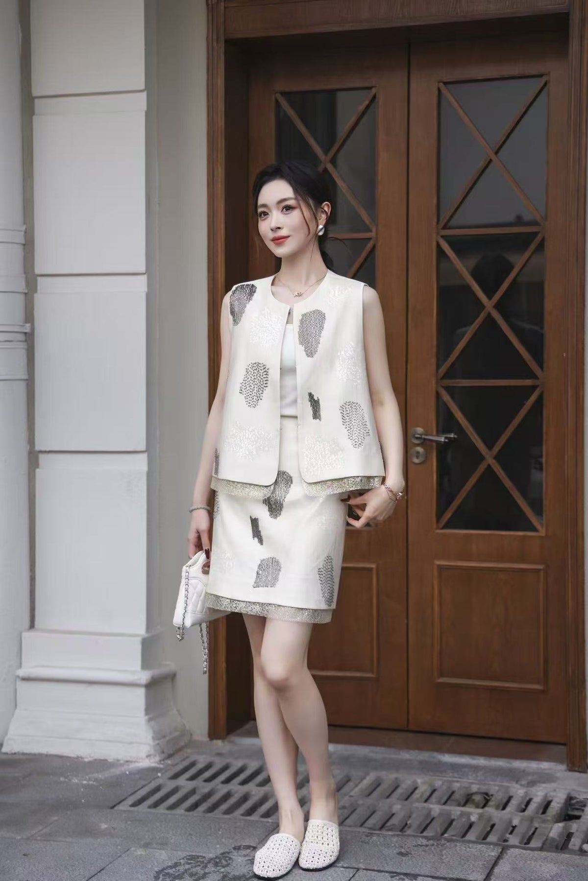 Rhinestone 2 Piece Set Women – Sleeveless Vest + Mini Skirt, Ivory Champagne