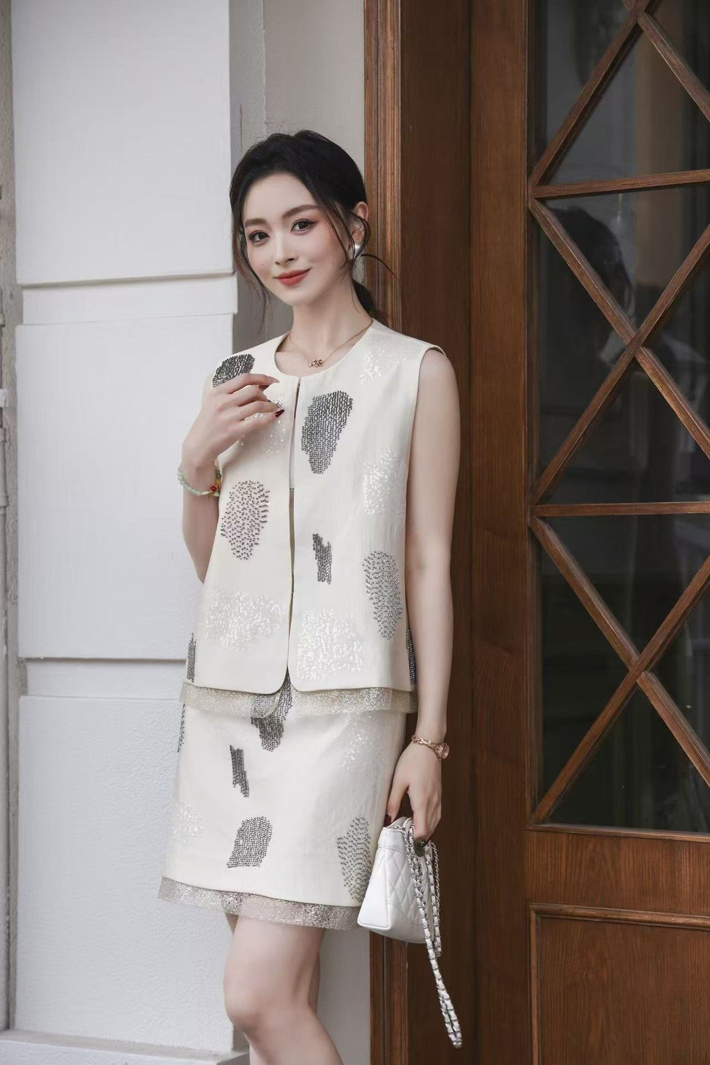Rhinestone 2 Piece Set Women – Sleeveless Vest + Mini Skirt, Ivory Champagne