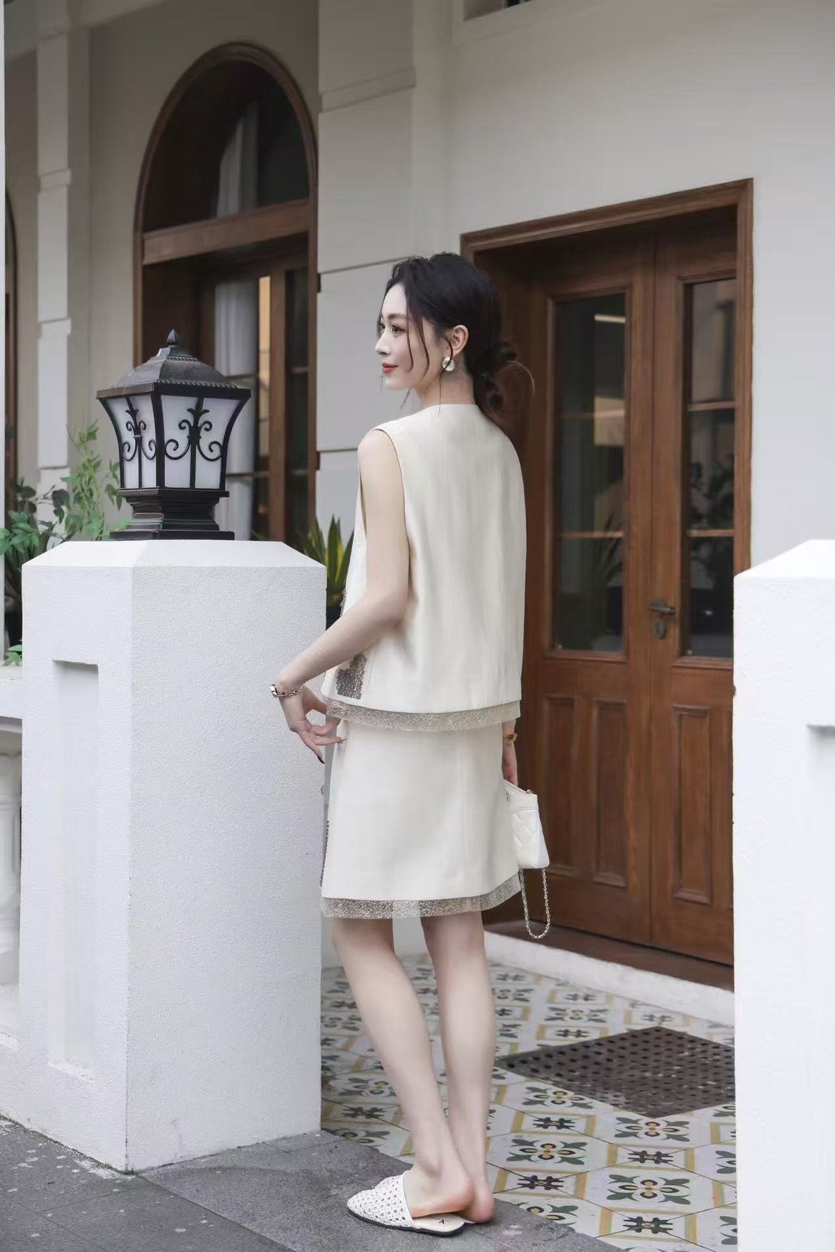 Rhinestone 2 Piece Set Women – Sleeveless Vest + Mini Skirt, Ivory Champagne