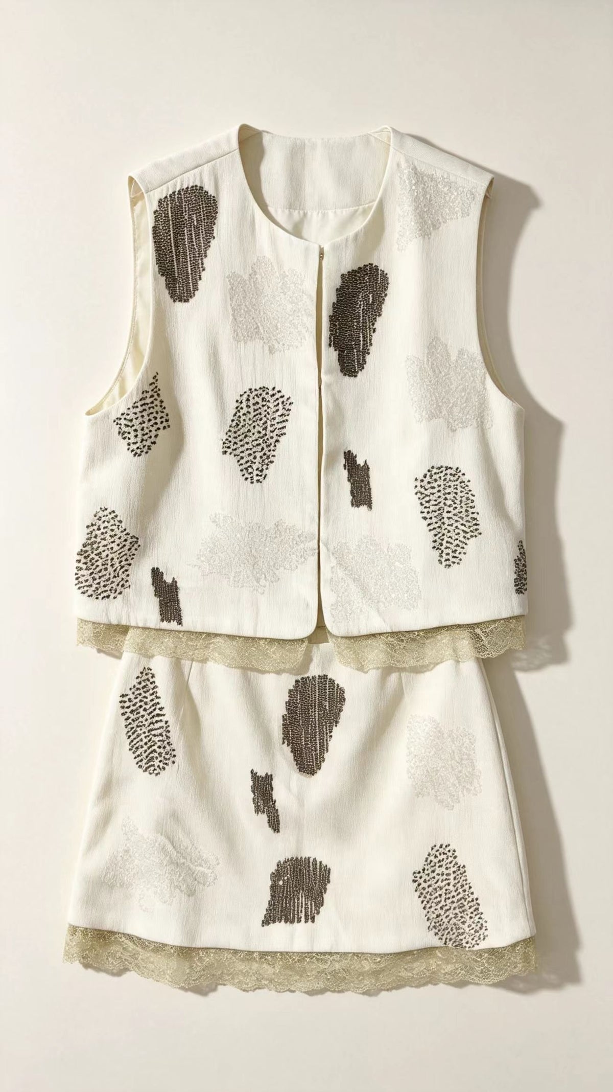 Rhinestone 2 Piece Set Women – Sleeveless Vest + Mini Skirt, Ivory Champagne