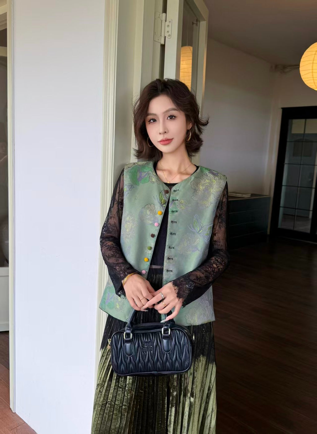 Black Velvet Vest Women – Sleeveless Layering Piece with Colorful Buttons