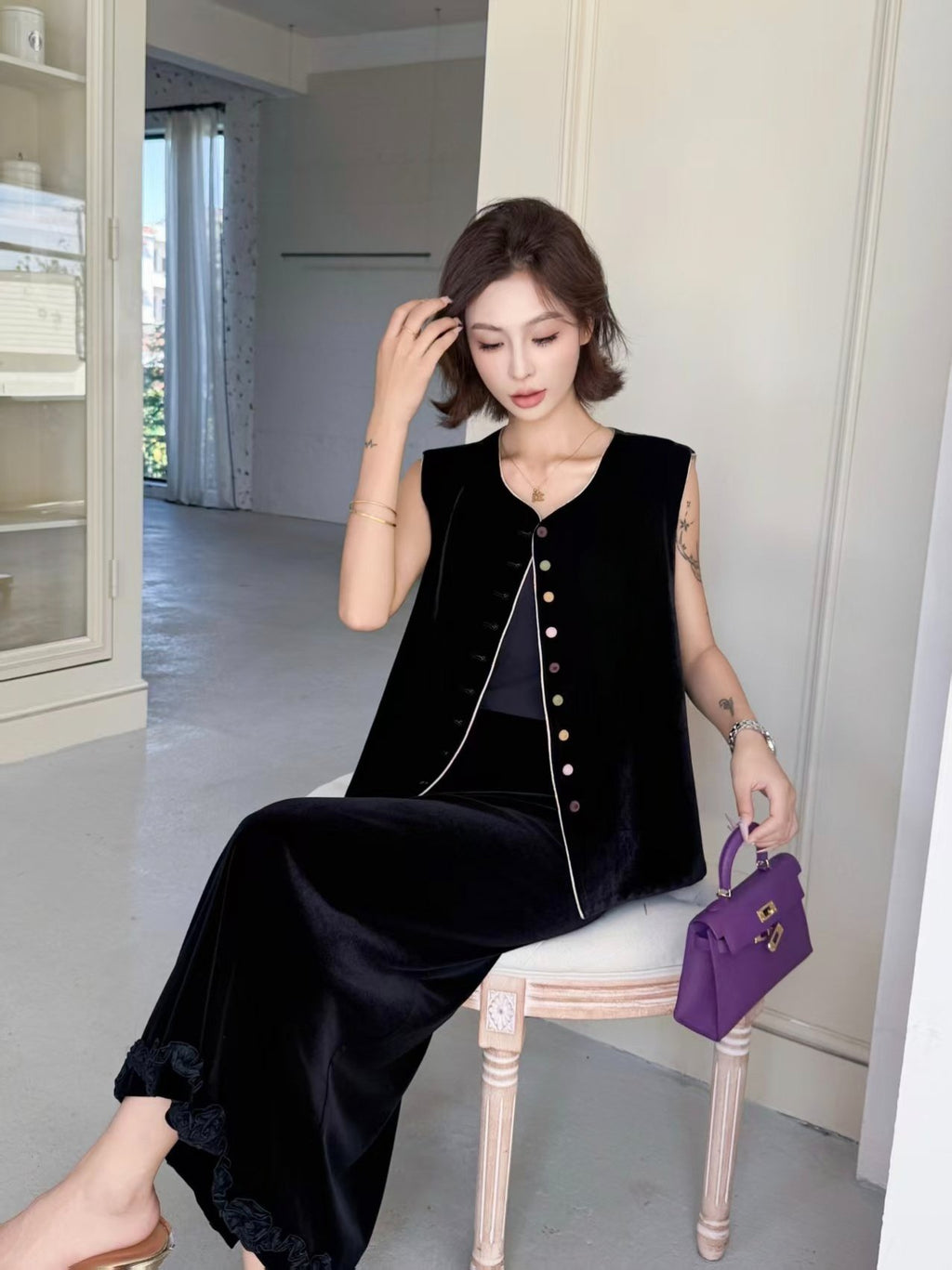 Black Velvet Vest Women – Sleeveless Layering Piece with Colorful Buttons