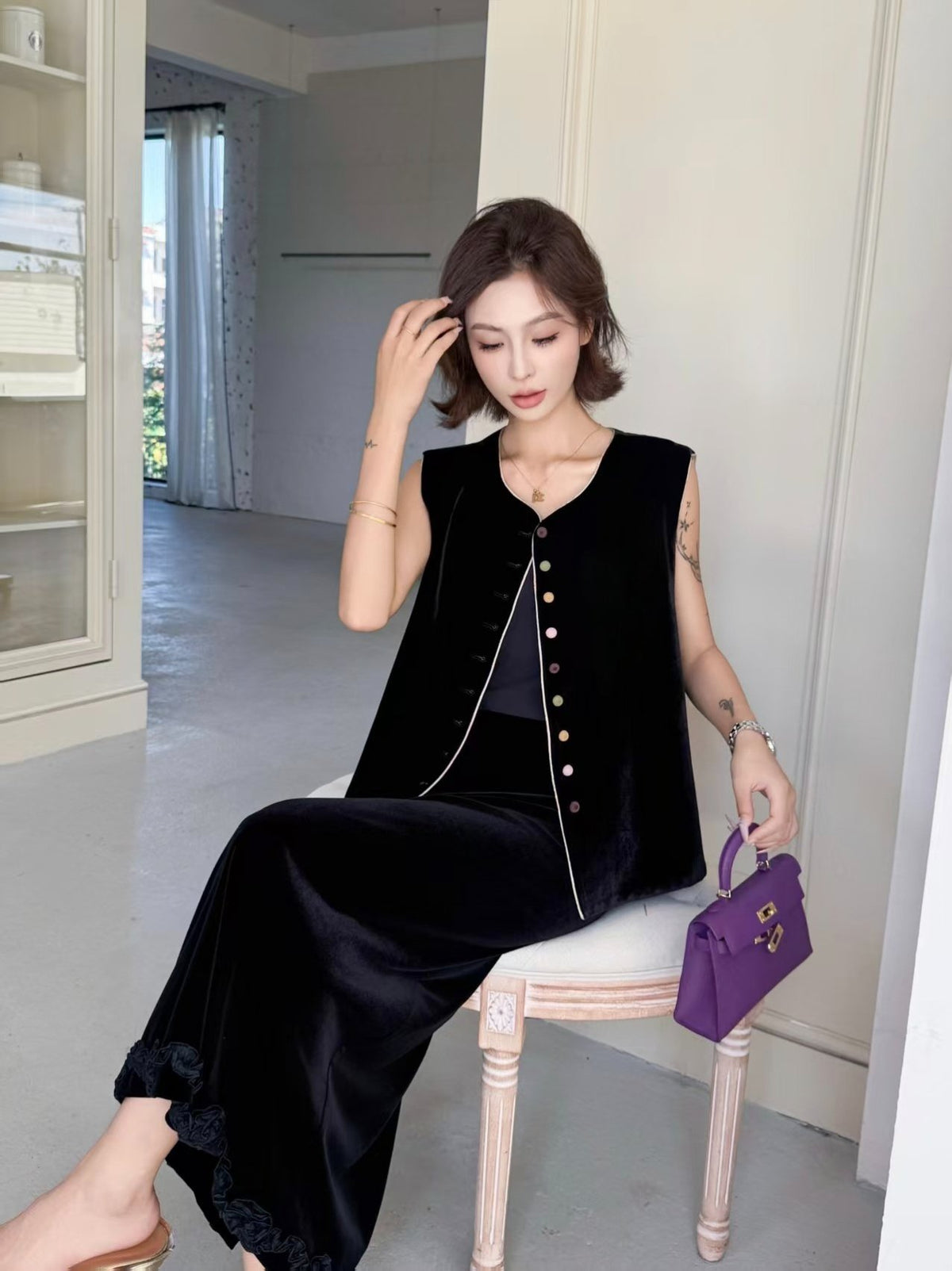 Black Velvet Vest Women – Sleeveless Layering Piece with Colorful Buttons