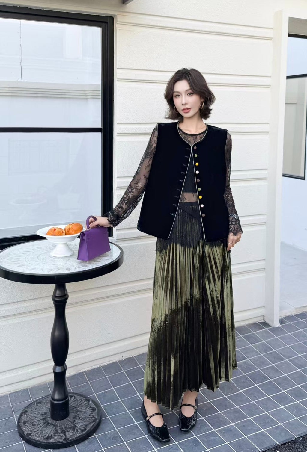 Black Velvet Vest Women – Sleeveless Layering Piece with Colorful Buttons