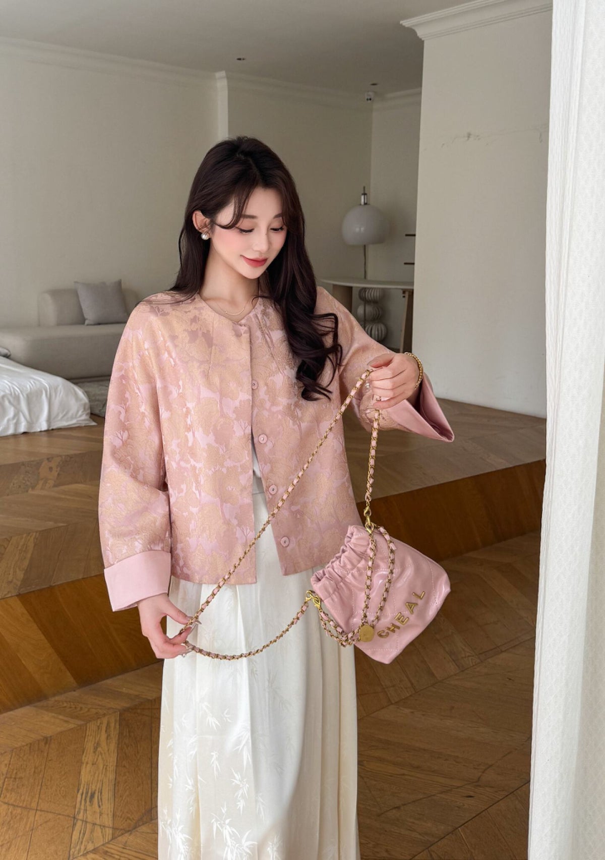 Pink Chinese Jacket Women – Cropped Jacquard Coat with Contrast Cuffs