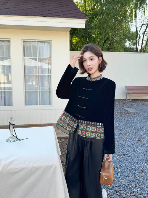 Black Velvet Chinese Jacket Women – Mandarin Collar Embroidered Coat