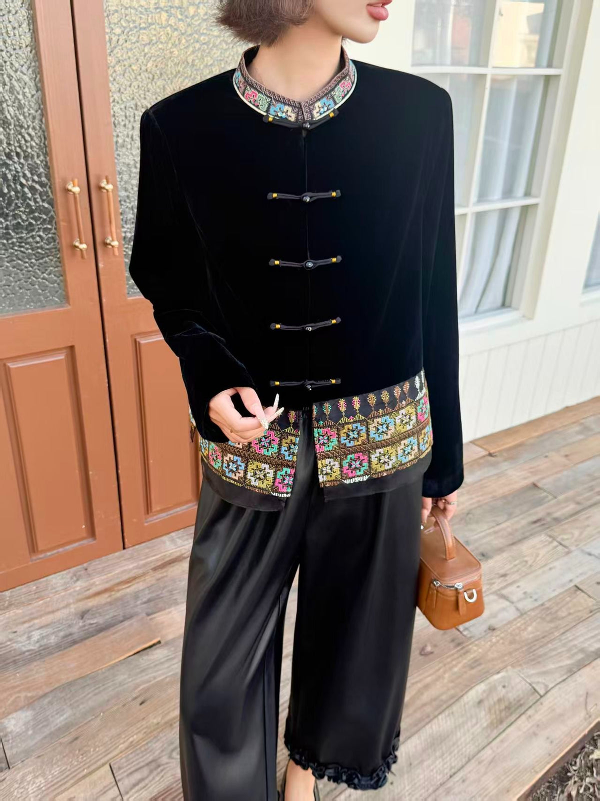 Black Velvet Chinese Jacket Women – Mandarin Collar Embroidered Coat