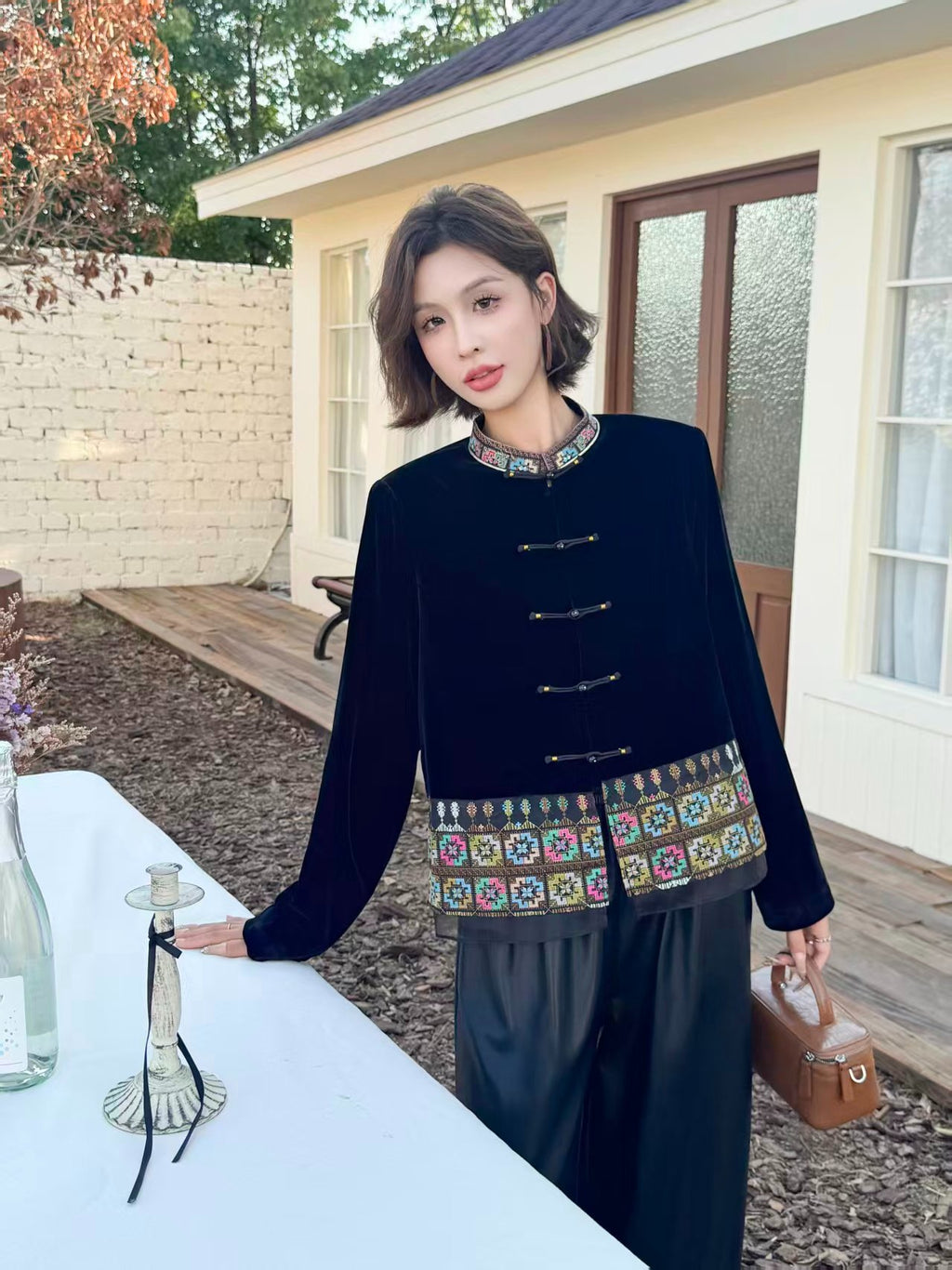 Black Velvet Chinese Jacket Women – Mandarin Collar Embroidered Coat
