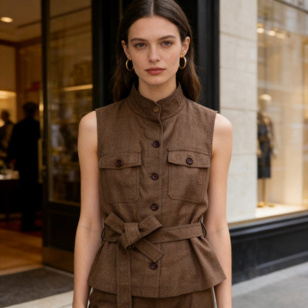 Brown Linen Vest Women – Belted Utility Sleeveless Top with Stand Collar