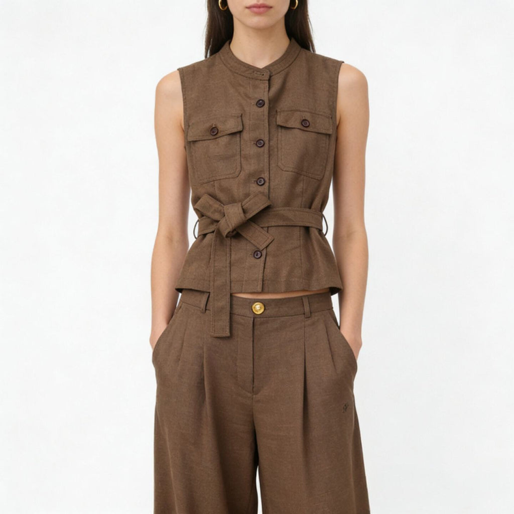 Brown Linen Vest Women – Belted Utility Sleeveless Top with Stand Collar