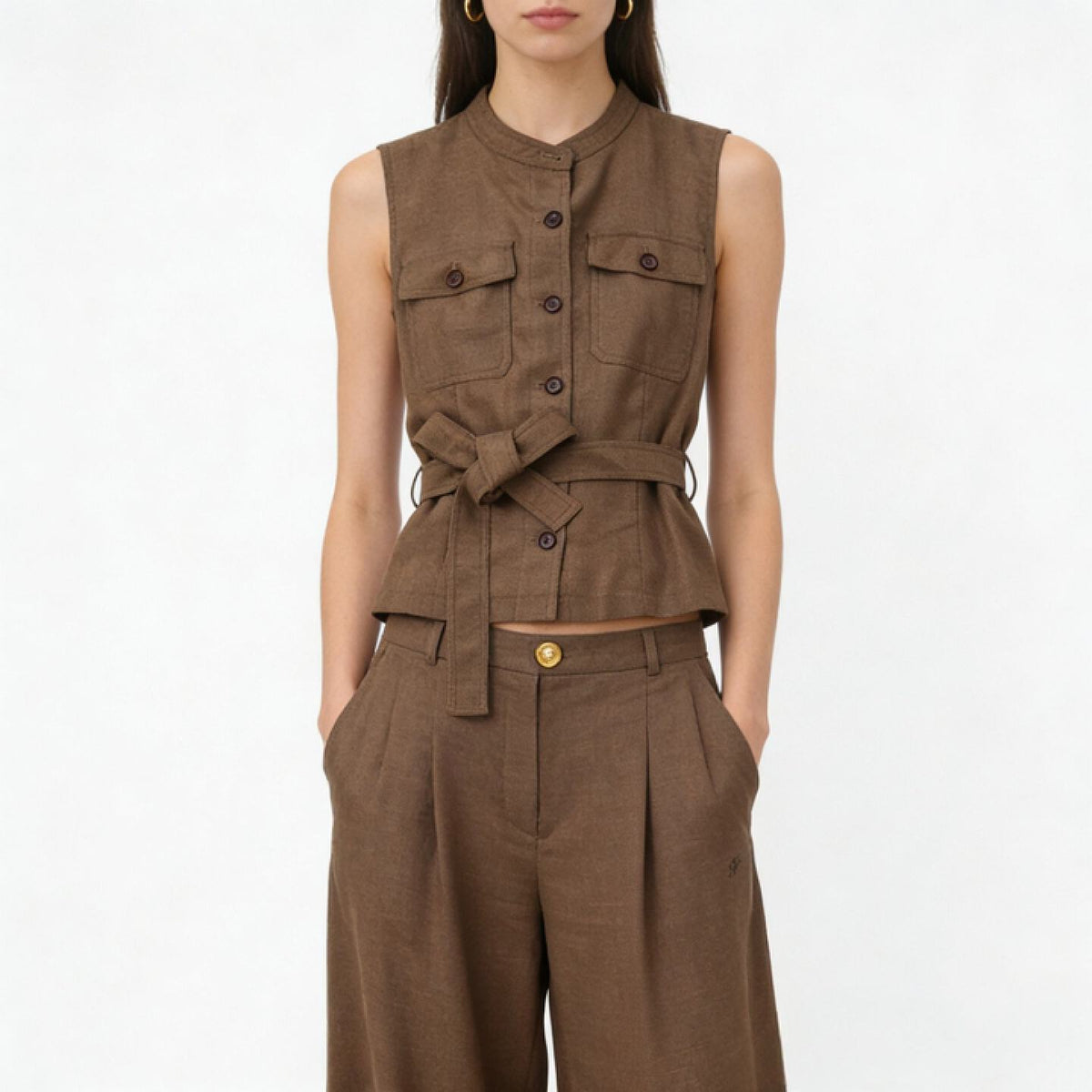 Brown Linen Vest Women – Belted Utility Sleeveless Top with Stand Collar