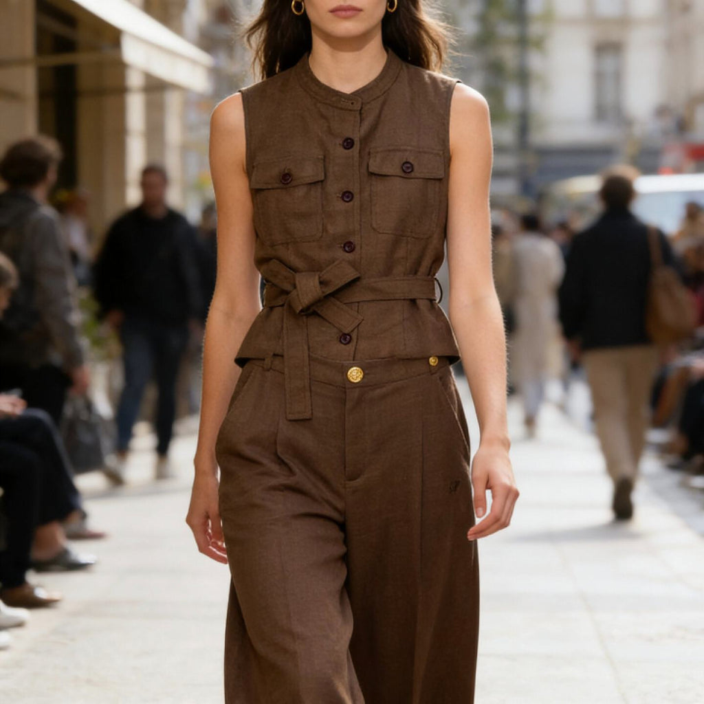 Brown Linen Vest Women – Belted Utility Sleeveless Top with Stand Collar