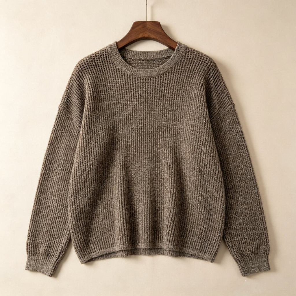 Oversized Waffle Knit Sweater Women – Oatmeal Brown Long Sleeve Pullover
