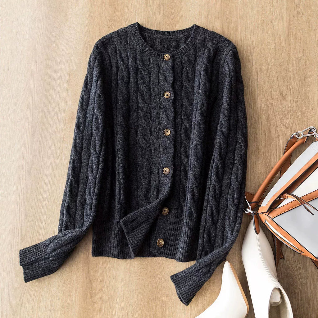 "Laf Cable-Knit Collection" Old Money Style Thickened 100% Wool Classic Cable-Knit Cardigan-Style Crew-Neck Knit Sweater