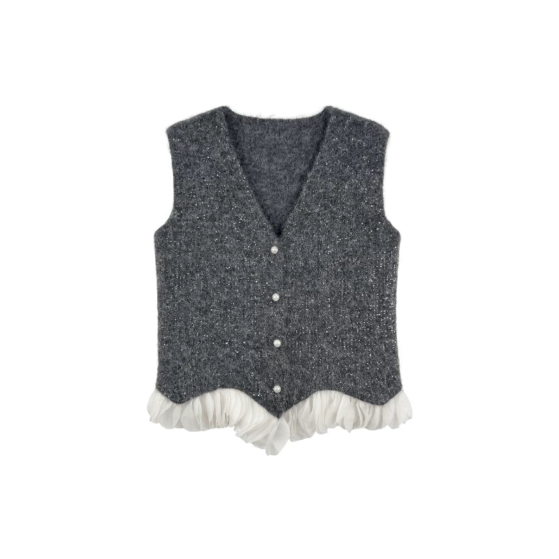 [VAZSLVE/New Luxury Products] Leak-picking wool pearl buckle splicing white yarn sleeveless vest 263427