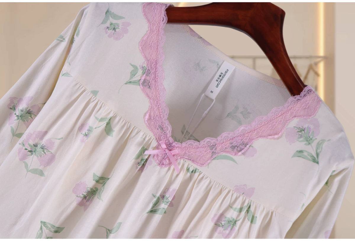 Women's 100% Cotton Pajama Set – Long Sleeve V-Neck with Lace Trim & Bow, Matching Floral Pants