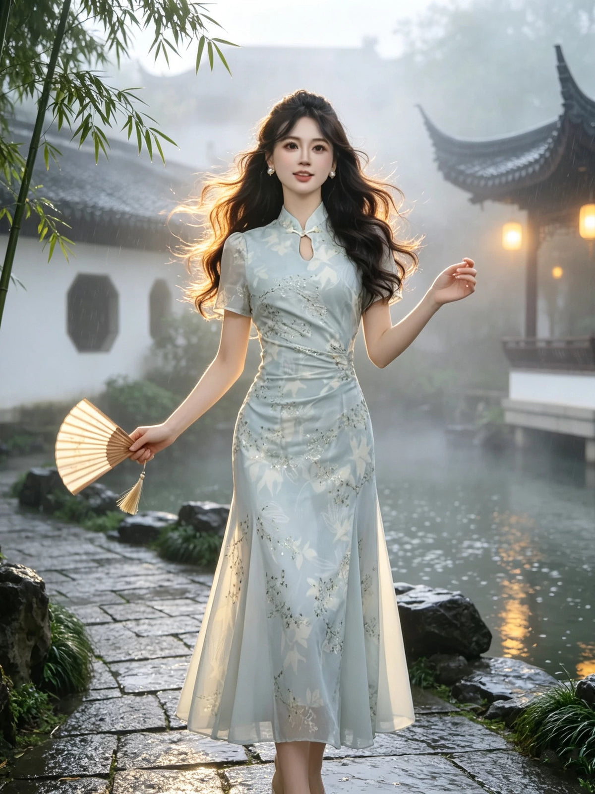 瑞瑞定制-【花间酒】粉（有里布）民国风新中式青瓷连衣裙D4850