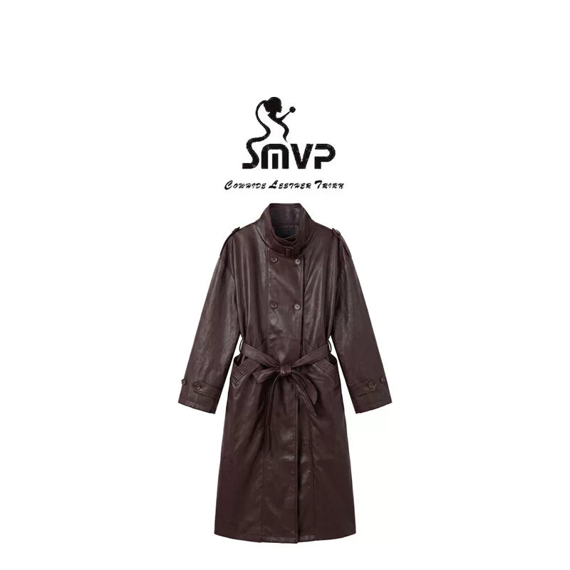[Bin Bin Exclusive] [Coffee Shadow Bundle Wind] Retro Stand-Up Collar Double-Breasted Long Leather Jacket 263382